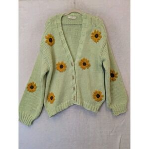 Mello Sage Green Sunflower Chunky Knit Cardigan Sweater S/M